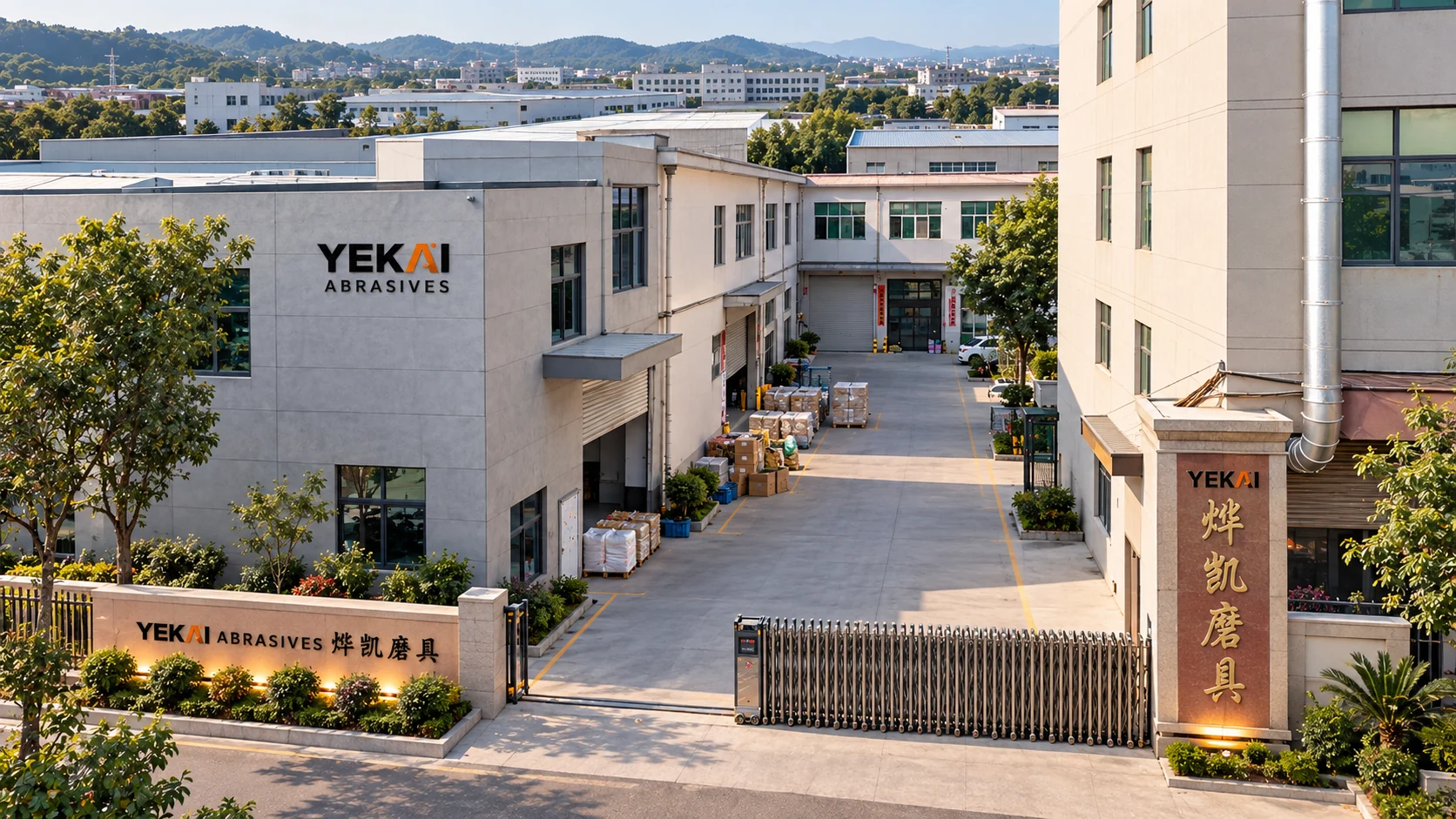YEKAI factory exterior, with the entrance and workshop buildings.